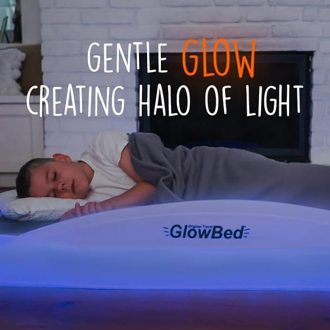 Inflatable Toddler Travel Bed with Safety Bumpers LED Lights with Remote Portable Toddler Bed Kids Air Mattress Toddler Air Mattress Blow Up Bed Glowing Halo of Light Make Fear Disappear