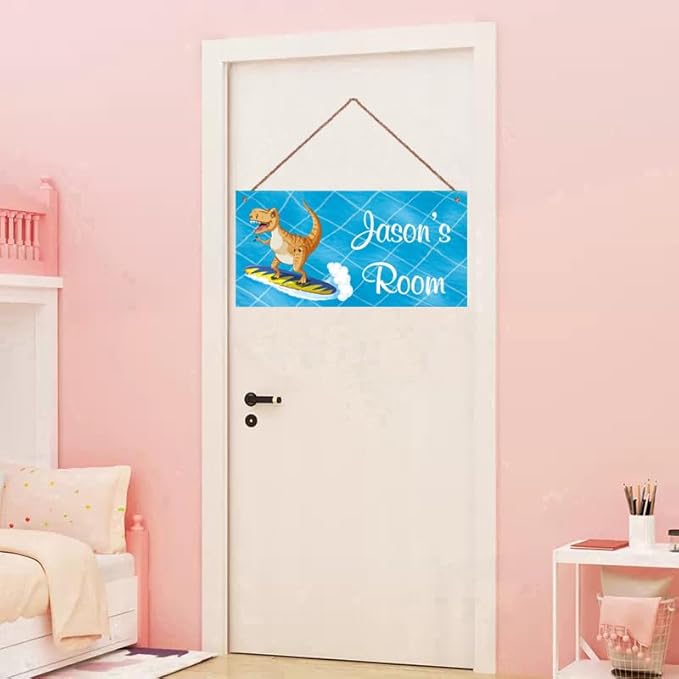 Personalized Dinosaur Sign Surf Riding Art Decor For Kids Room Custom Name Door Wall Decor, Floral Nursery Art For Boys Room Baby Bedroom Girls Cave, 5*10inch Tin Wood Wall Mount Sign