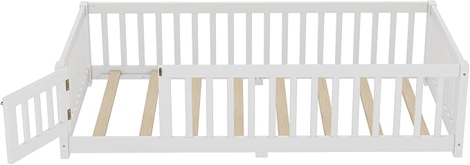 Bellemave Twin Size Floor Bed with Rails for Kids, Girls, Boys, Pine,Plywood Floor Bed with slats and Door, White
