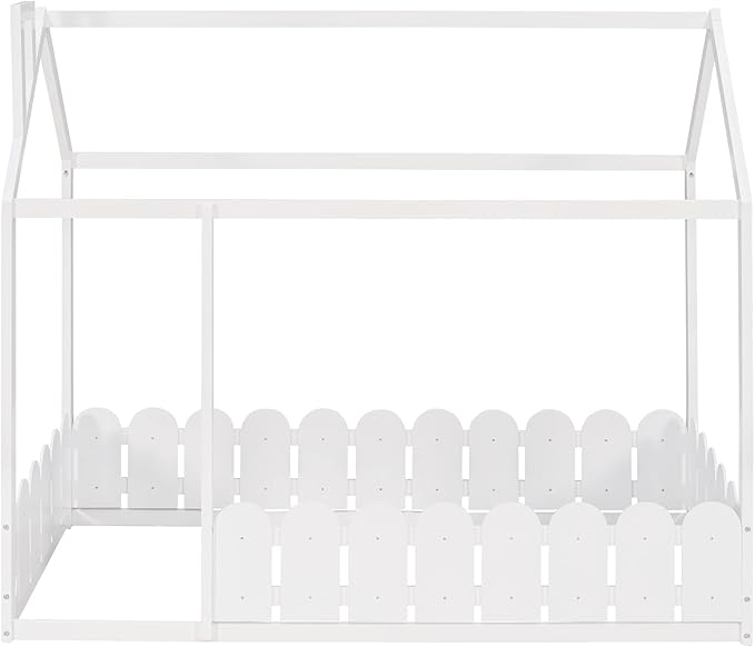Merax Kids Wood House Bed with Fence, Fun Montessori Bed for Boys,Girls, Easy Assemble(Twin, White)