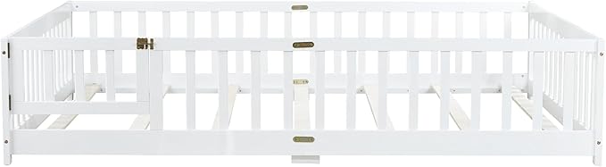 Queen Size Floor Bed with Fence and Door,Easy to Assemble Wood Bedstead,Platform Bed w/Safety Guardrails/Near The Ground,White