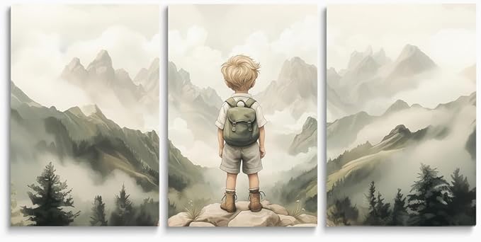 3-Piece Adventure Boy Nursery Wall Art | Mountain & Woodland Canvas Decor for Toddler Room, Adventure Kids Room Nursery Wall Decor, Framed Canvas Set, 16"x24"