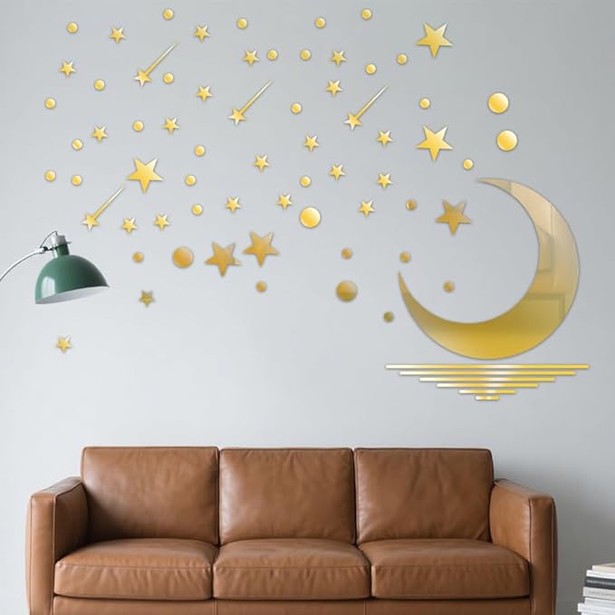 71 Pcs Gold Star Stickers, 3D Acrylic Moon Shooting Star Mirror Wall Stickers Decor, Removable Decals Art Self-Adhesive for Home Nursery Classroom Bedroom Interior Wallpaper Background Art Decor