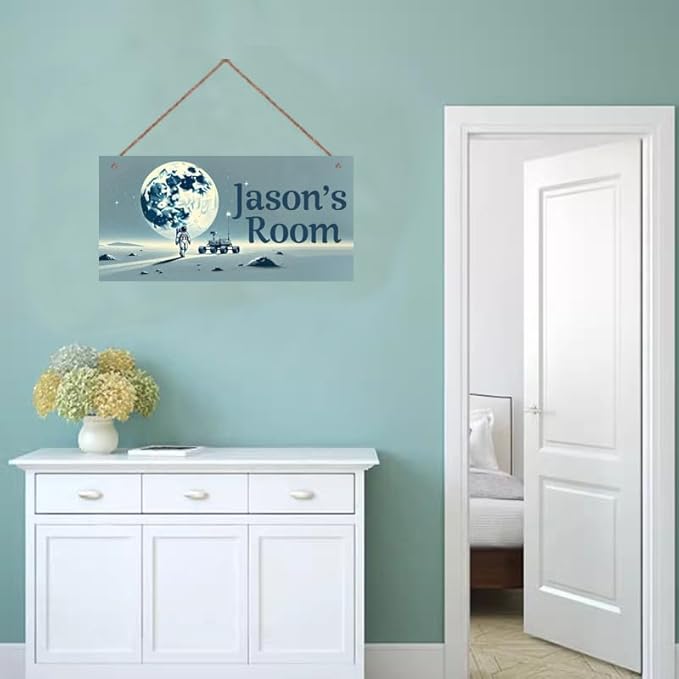 Personalized Name Door Sign Astronauts on the Moon Décor Wall Art Sign, Custom Wooden Signs Girl Name Hanging Décor For Kid Room