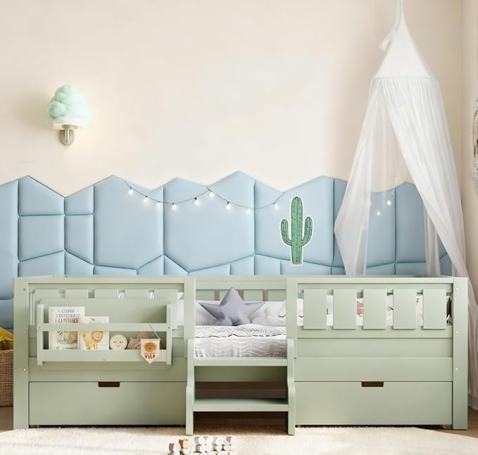 Bellemave Full Size Kids Bed with high Rails and with Built-in Bookshelf and Drawers for Kids, Girls, Boys, Wood Montessori Bed Without Door, Avocado Green