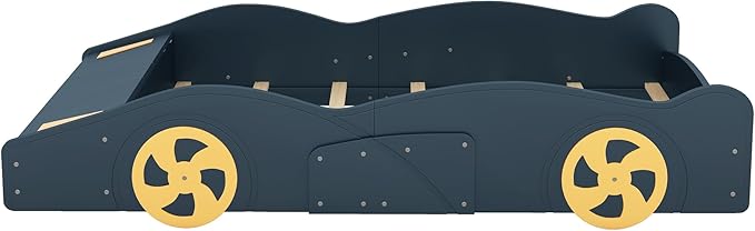 Full Size Race Car Bed for Kids, Car-Shaped Bed Frame with Wheels and Storage Footboard for Boys, Wood Slats Support,No Box Spring Needed, Dark Blue+Yellow