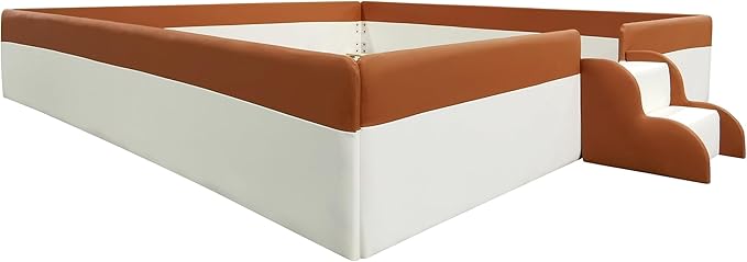 King Size Upholstered Daybed Frame with Fence and Stairs, Montessori Kids Floor Bed with Sturdy Slat Support for Kids Boys Girls (Brown+King)