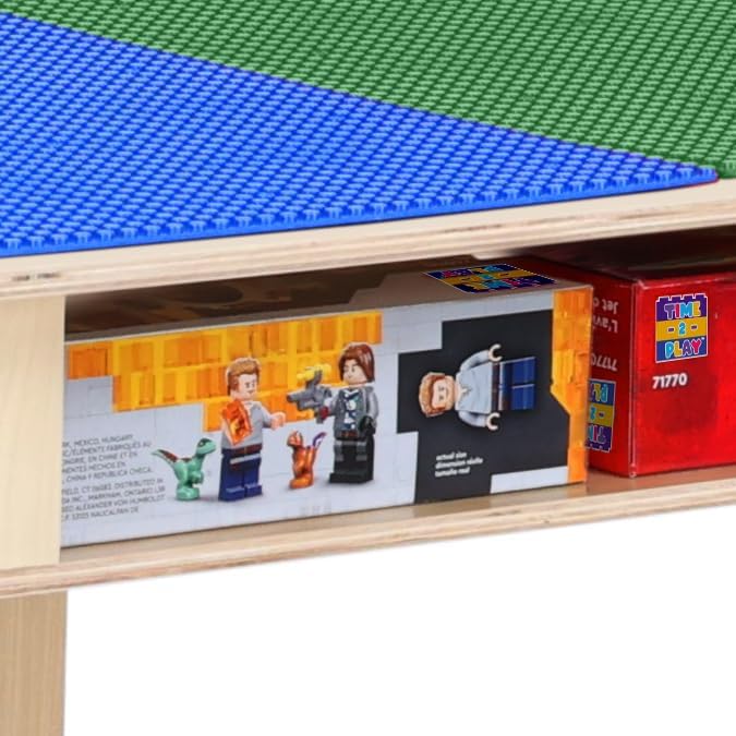 Time-2-Play 30.75" W Rectangular Birch Plywood Blue & Green Lego Compatible Play Table with Shelf for Kids, Children's Table with 16" Long Legs for Playroom [Greenguard Gold Certified]