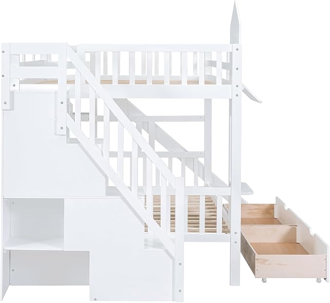 MERITLINE Full Over Full Castle Bunk Bed with Slide,Stairs and Drawers,Solid Wood Floor House Princess Bunk Bed with Storage Shelves (White,Full Over Full)