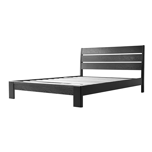 Queen Size Solid Wood Platform Bed Frame with Headboard & Footboard, Metal Legs with 12 Durable Slatted Base, Easy Assembly, No Box Spring Needed, Noise-Free & Anti-Slip, Ebony Oak Finish, QIQ-35