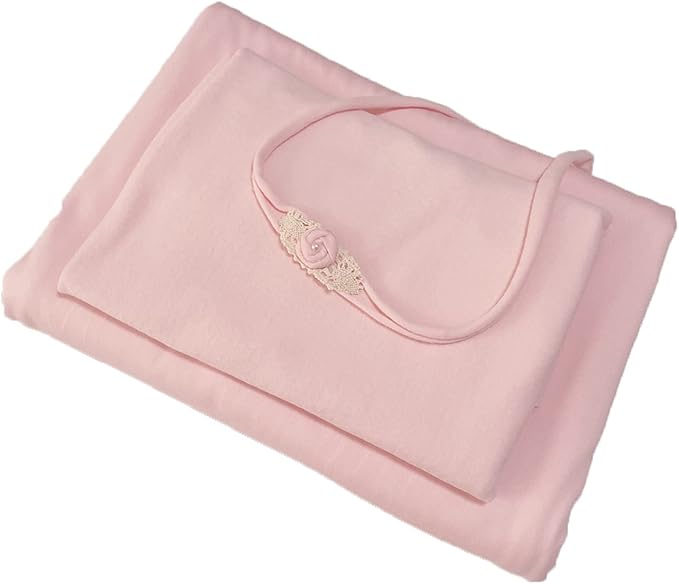 3Pcs Newborn Photography Props Baby Photoshoots Photo Posing Wraps Backdrops with Headband Stretch (Wrap + Backdrop + Headband, Light Pink)