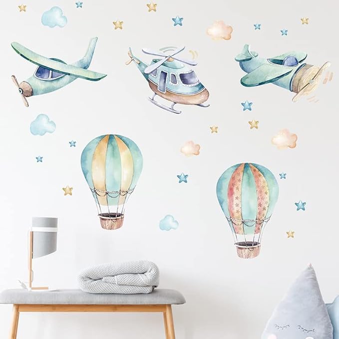 Cartoon Colorful Airplane Hot Air Balloon Wall Stickers Cloud Star Removable Vinyl Wall Decals for Kids' Rooms Nursery Classroom