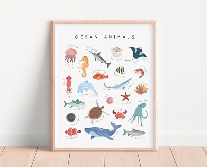 OZCONO Ocean Animals Learning Poster, Vibrant Sea Life Chart Kids, Preschool Wall Decor Art, Homeschool Education Guide (Unframed) (12x18)