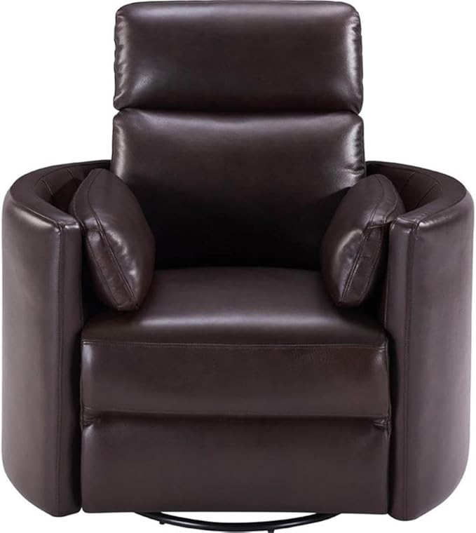 Pemberly Row Transitional Leather Power Cordless Swivel Glider Recliner in Brown with USB Charging Ports and 2 Comfort Pillows for Living Room