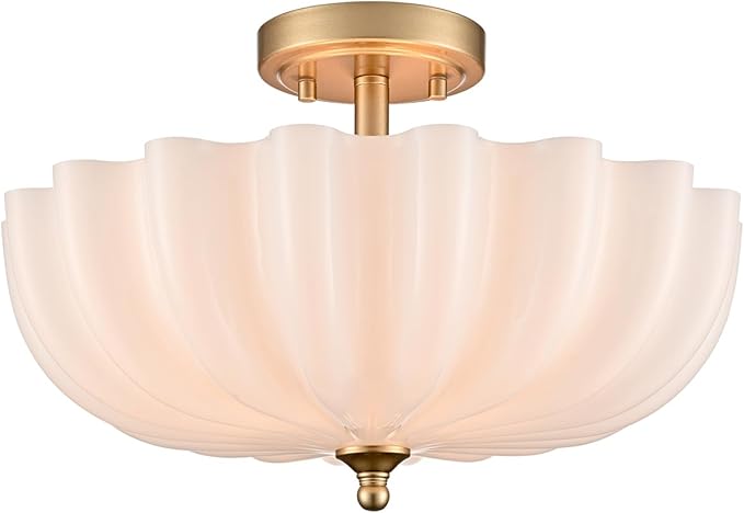 Modern Brushed Brass Gold Semi Flush Mount Light with Milky Flower Shade Ceiling Light Fixture for Living Room Bedroom Entryway