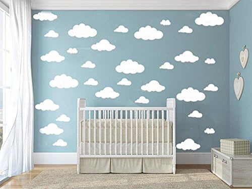 31pcs White Cloud Wall Decals – Mixed Sizes 4-10in Floating Vinyl Stickers for Baby Nursery, Kids Bedroom, Ceiling or Playroom – Removable DIY Home Mural Wall Art Decor YYU-14 (White)