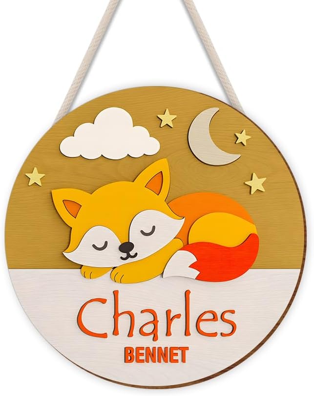 Personalized Wooden Name Sign with Sleeping Fox | Custom Door Sign for Nursery Wall Decor, Bedroom Wall Art, and Playroom Hanging Decoration