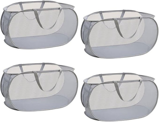 4 Piece Popup Mesh Laundry Basket Durable Handles Collapsible Laundry Baskets Folding Clothes Pastic Hamper for Laundry Room College Dorm (Gray)