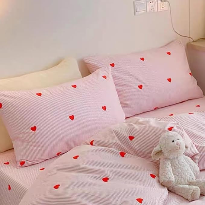 Pink Striped Duvet Cover Queen Size Cute Red Heart Bedding Set 3 Pcs Kids Girls Kawaii Stripes Heart-Shaped Soft Breathable Microfiber Reversible Comforter Cover with Zipper Closure