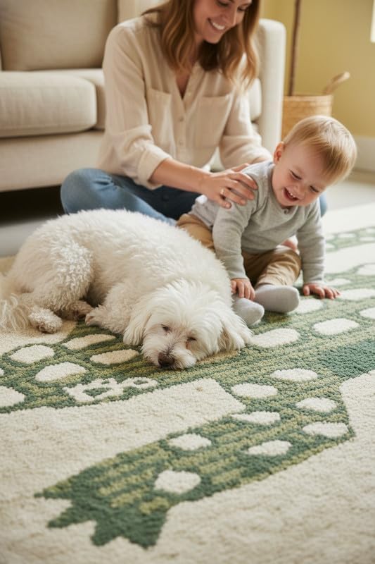 Hand-Tufted Wool Area Rug - Playful Alligator Design (9x12 Ft) - Soft & Plush Texture - Beige and Green - Luxury Accent Rug for Bedroom, Living Room, Nursery, and Playroom