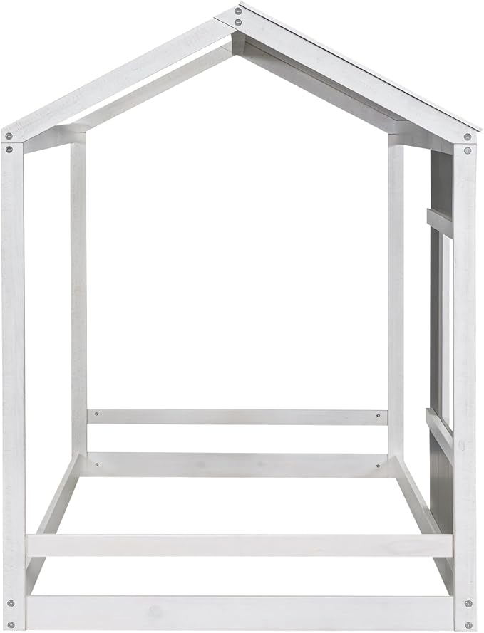 Twin Size House Platform Bed with Roof and Window,Modern Bedroom Wood Bed Frame W/No Box Spring Required,Easy to Install,for Girl Boy Kid,White+Antique Grey