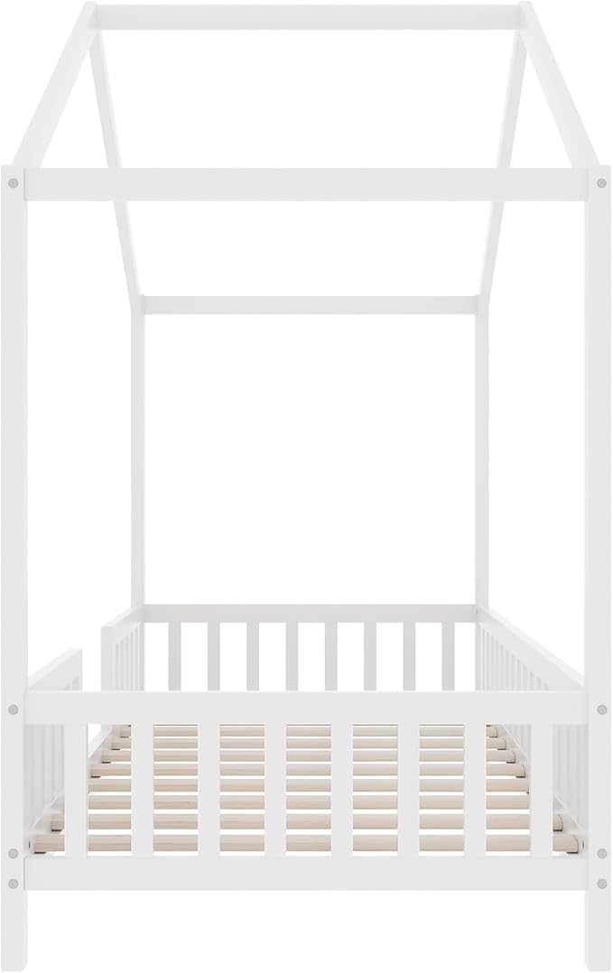Montessori Floor Bed with Canopy, High Railings and Roof, Twin Size Wood House Bed Frame for Kids Bedroom (White/C2)