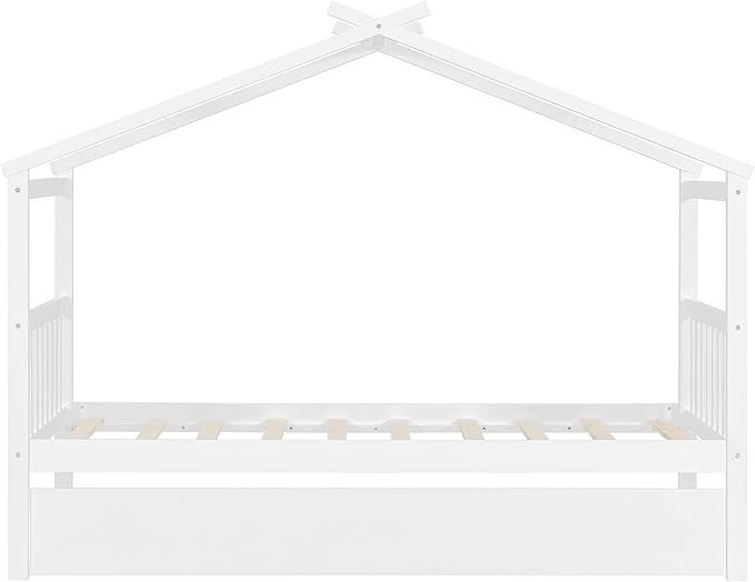Harper & Bright Designs Twin House Bed for Kids, Wood Platform Bed with Trundle, Montessori Bed with Roof, Playhouse Trundle Beds for Kids,Teens, Bedroom, White