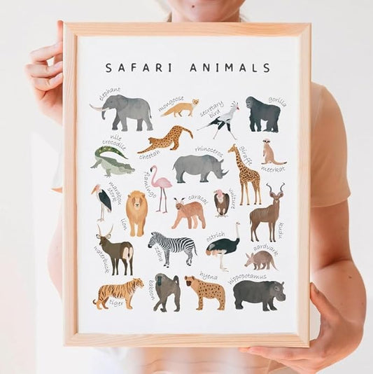 OZCONO Safari Animals Poster, Educational Jungle Chart for Kids, Playful Nursery Wall Decor, Montessori Learning, Homeschool Wildlife (Unframed) (9x11)