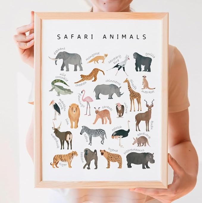 OZCONO Safari Animals Poster, Educational Jungle Chart for Kids, Playful Nursery Wall Decor, Montessori Learning, Homeschool Wildlife (Unframed) (27x40)