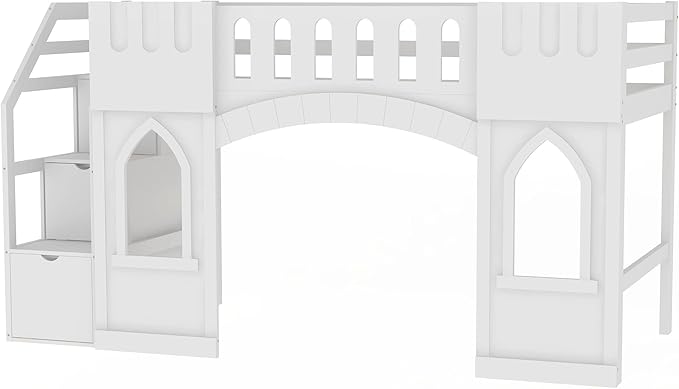 Playhouse Design Twin Size Loft Bed with Storage Staircase and Windows, Solid Wood Loft Bed Frame with Safety Guardrail for Kids Teens Boys Girls, Space-Saving (White-3)