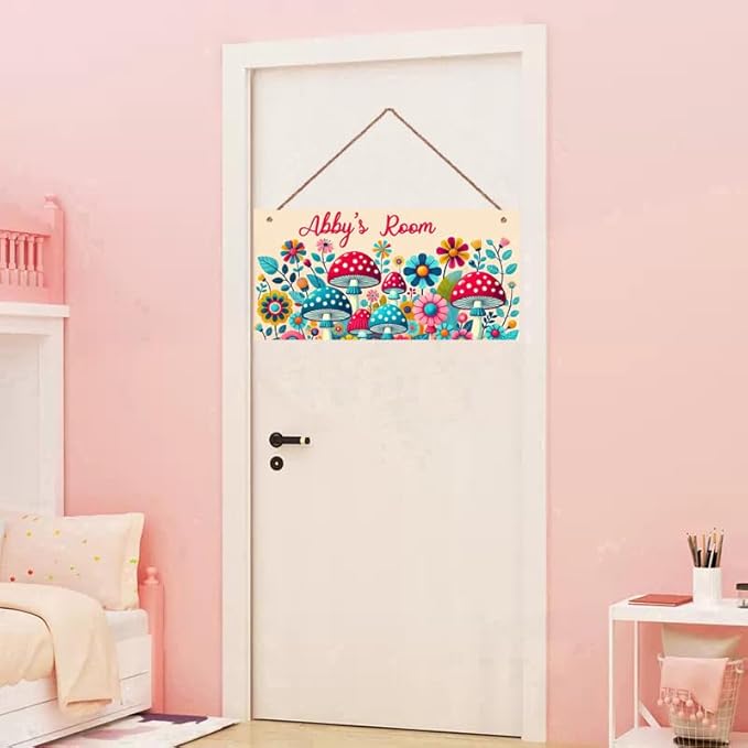 Personalized Name Vintage Mushroom and Flowers Sign For Girls Room Baby Nursery Door Wood Plaque Hanging Wall Art Decor For Kids Bedroom Nursery Home Kitchen Garden Yard Wall Club