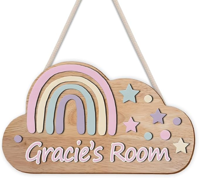 Personalized Wooden Rainbow Name Sign | Custom Cloud Door Sign for Girls Room Decor, Nursery Wall Art, Bedroom Decoration, Playroom Wall Hanging