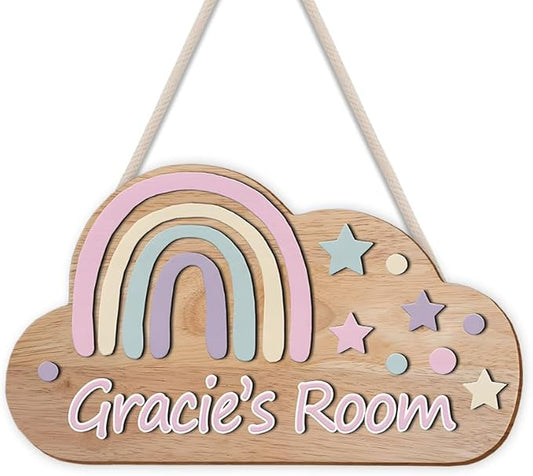 Personalized Wooden Rainbow Name Sign | Custom Cloud Door Sign for Girls Room Decor, Nursery Wall Art, Bedroom Decoration, Playroom Wall Hanging