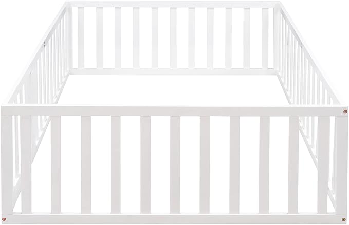 Merax Full Floor Bed with Safety Guardrails and Door, Wood Montessori Floor Bed Frame for Kids, Full Playhouse Bed Frame for Baby Girls and Boys, White