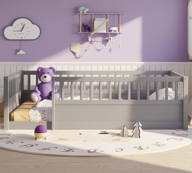 Bellemave Twin Size Floor Bed with high Rails for Kids, Girls, Boys, Wood Montessori Floor Bed Without Door, Gray