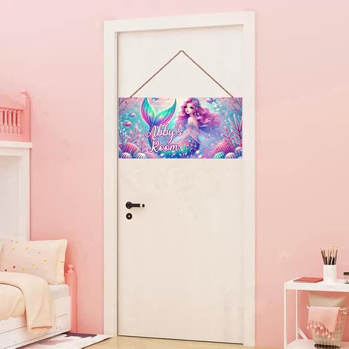 Personalized Mermaid Signs for Girls Room Bedroom Door Hanging Wooden Signs Custom Baby Name Ocean Door Hanger Baby Nursery Room Customized Kids Room Décor