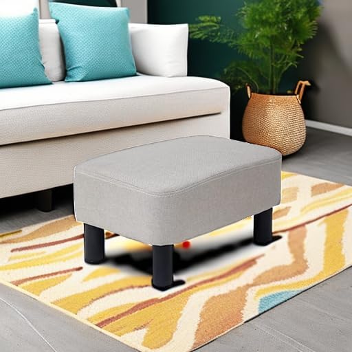 IBUYKE 16.54" Small Footstool, Linen Fabric Pouf, with Padded Seat Pine Wood Legs and Padded Rectangular Stool, for Bedroom, Linen RF-BD213
