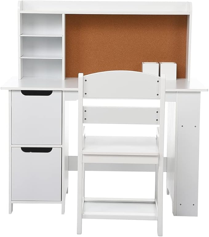 White Study Desk and Chair Set with Bookshelf, Bulletin Board, and Cabinets - Ideal for Boys and Girls Ages 3-8