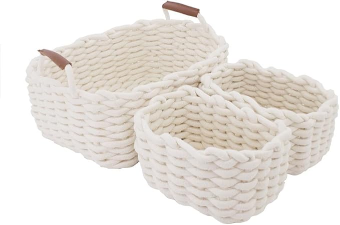 JJSQYLAN Cotton Rope Blanket Storage Basket for shelf,small decorative woven basket Organization and storage for Candy Food Nursery Baby Clothes Towels Diaper Caddy Books (Set of 3, White)