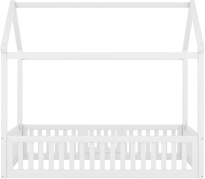 Bellemave Twin House Bed for Kids, Wooden Kids bedframe with Rails and roof, Montessori Floor beds, White with Door no slats