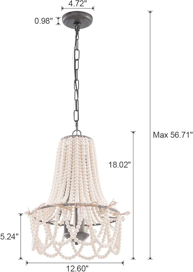 Wood Beaded Chandelier 3-Light Bohemia Pendant Light Fixture Farmhouse Round Hanging Chandelier White Beads with Black Chain for Bedroomn Dining Room Foyer