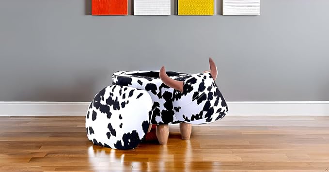 Home 2 Office Cow Ottoman for Kids' Bedroom, Playroom, Nursery, and Living Room, Animal Ottoman with Storage, Footstool for Kids, Black/White