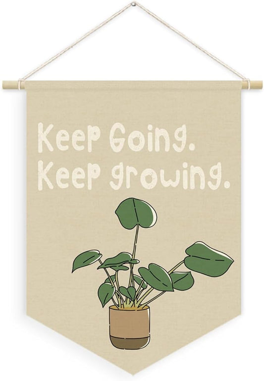 Plant Classroom Decor, Keep Going Keep Growing Motivational Linen Canvas Banner, Growth Mindset Mental Health Wall Hanging Pennant Flag Banner for Classroom Playroom Homeschool Decor, 15x11in