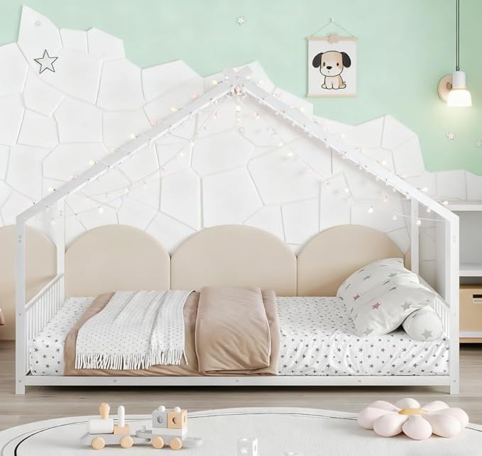 Bellemave Full Size Montessori Floor Beds with Slats for Kids, Metal Full House Bed for Kids, White with Slats and Lights