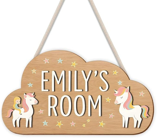 Wooden Unicorn Name Sign | Personalized Cloud Door Hanger for Nursery Wall Art, Girls Bedroom Decor, Playroom Decoration, Room Wall Hanging