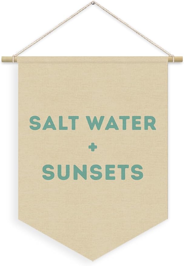 Ocean Nursery Decor, Salt Water Sunsets Beach Linen Canvas Banner, Neutral Coastal Nautical Nursery Wall Hanging Pennant Flag Banner for Kids Toddler Room Bedroom Playroom Decor, 15x11in