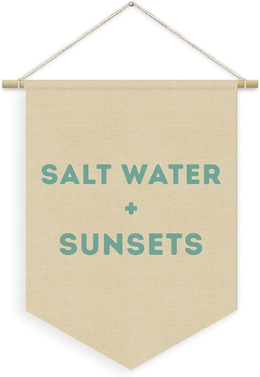 Ocean Nursery Decor, Salt Water Sunsets Beach Linen Canvas Banner, Neutral Coastal Nautical Nursery Wall Hanging Pennant Flag Banner for Kids Toddler Room Bedroom Playroom Decor, 15x11in