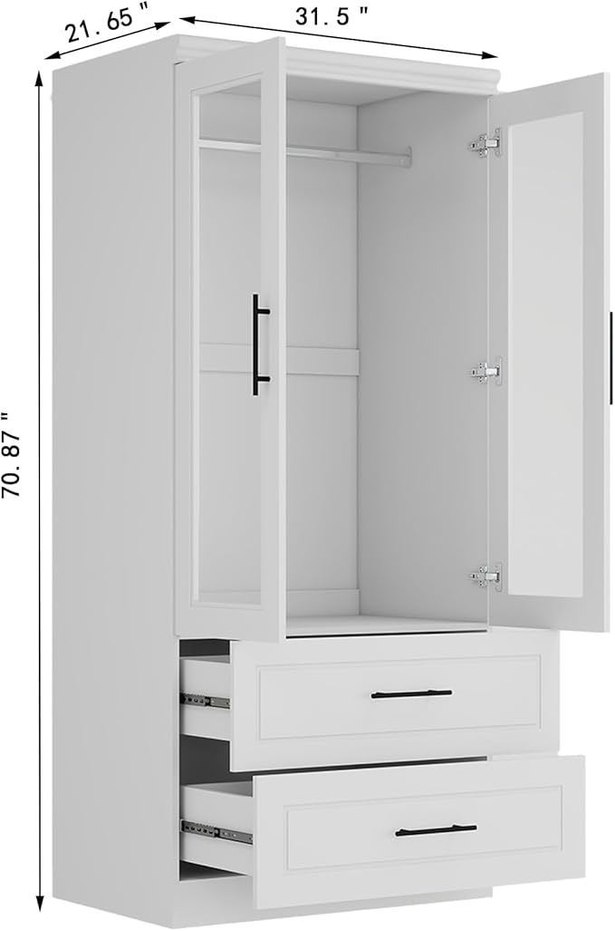 Armoire Wardrobe Closet with 2 Glass Door, White Wood Wardrobe Closet Wooden Bedroom Armoire with 2 Drawer Hanging Rods for Home/Bedroom/Living Room Style-51