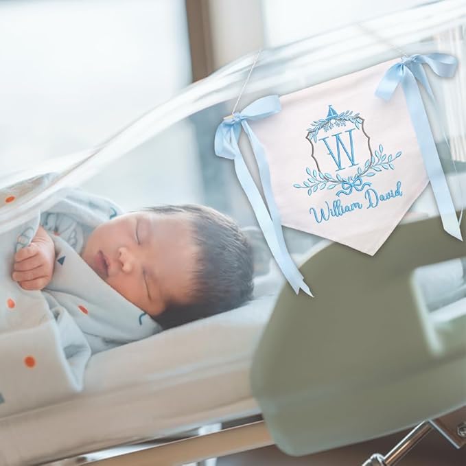 EMBROIDERED Name Baby Banner, Baby Flag with Monogram Name, Personalized Baby Name Sign, Customizable Baby Name, Baby Announcement Sign for Hospital (10)