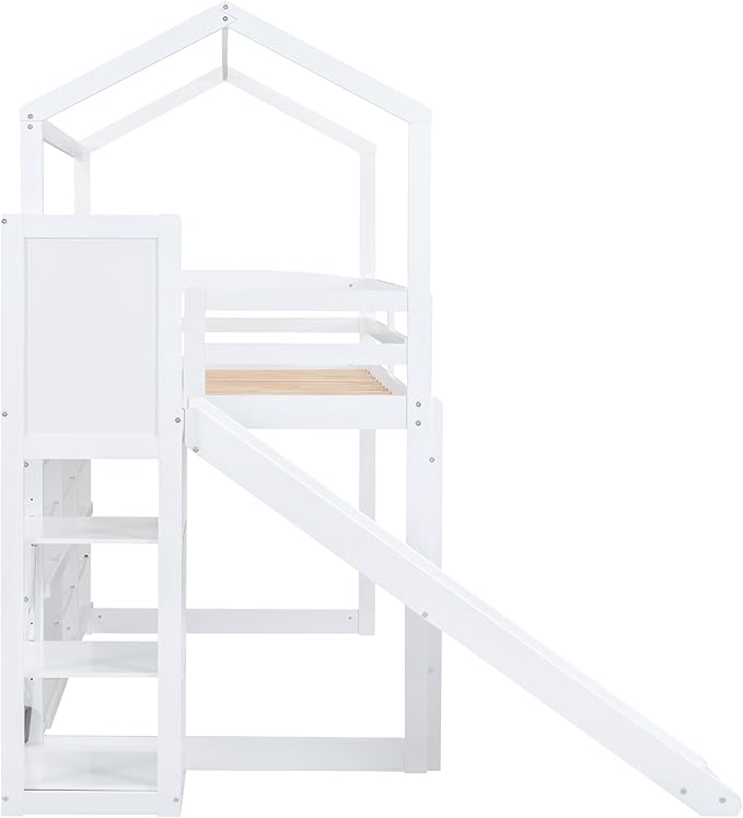 Flieks Twin Size Wood House Loft Bed Frame for Boys Girls Kids Adults Toddler with Slide, Storage Shelves and Light, White